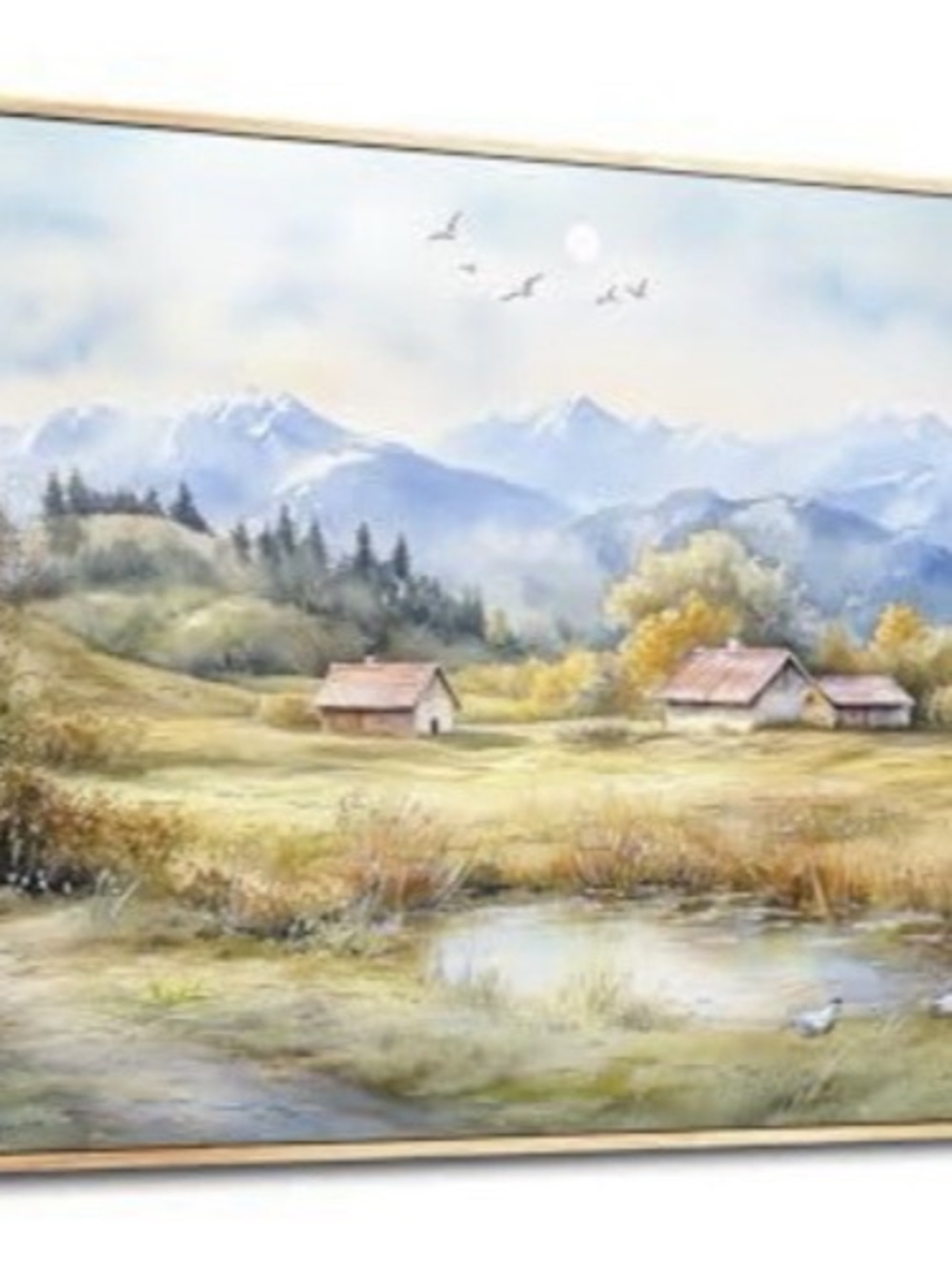 Mountain Landscape Painting in Blue & Green New